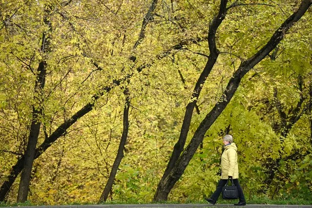 A woman walks on a street on an autumn day in Moscow on October 2, 2021. (Photo by Kirill Kudryavtsev/AFP Photo)