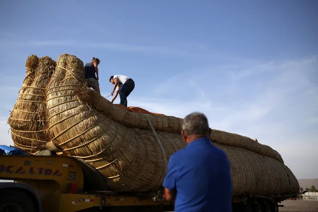 The “Viracocha III”, a boat made only from reeds, is pictured after arriving to a beach on the Pacific shores in the northern Chile as part its preparation to cross to Australia on an expected six-month journey, in Arica, Chile February 9, 2017. (Photo by Ibar Silva/Reuters)
