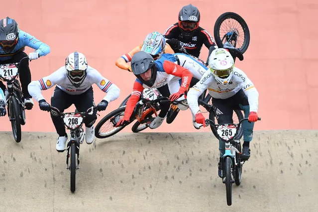 Matthew Tidswell of Australia crashes in his heat during Round 4 of the the 2024 UCI BMX Racing World Cup in Brisbane, Australia, 25 February 2024. (Photo by Jono Searle/EPA)
