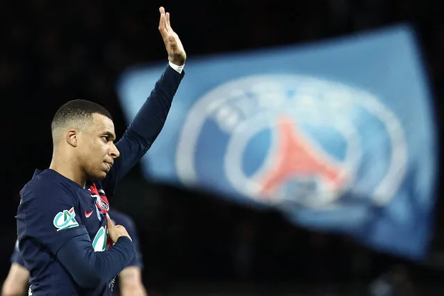 Paris Saint-Germain's French forward #07 Kylian Mbappe celebrates after scoring his team opening goal during the French Cup (Coupe de France) semi final football match between Paris Saint-Germain (PSG) and Stade Rennais FC at the Parc des Princes stadium in Paris on April 3, 2024. (Photo by Franck Fife/AFP Photo)