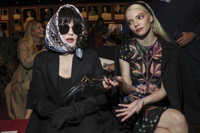 The French actress Isabelle Adjani with the Queen’s Gambit star Anya Taylor-Joy at the Dior Ready To Wear Fall/Winter 2022-2023 fashion collection, unveiled during the Fashion Week in Paris, Tuesday, March 1, 2022. (Photo by Vianney Le Caer/Invision/AP Photo)