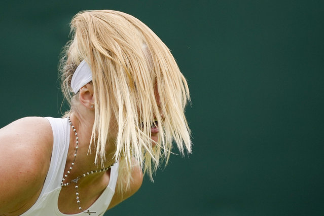 Rebecca Sramkova of Slovakia reacts during her first round match against Marta Kostyuk of Ukraine at the Wimbledon tennis championships in London, Monday, July 1, 2024. (Photo by Kirsty Wigglesworth/AP Photo)
