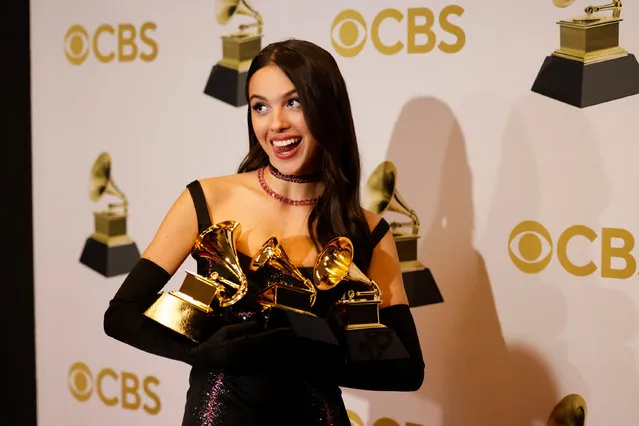 American singer-songwriter Olivia Rodrigo, winner of the Best New Artist and Best Pop Solo Performance Award for “Drivers License” poses in the winners photo room during the 64th Annual GRAMMY Awards at MGM Grand Garden Arena on April 03, 2022 in Las Vegas, Nevada. (Photo by Francis Specker/CBS via Getty Images)