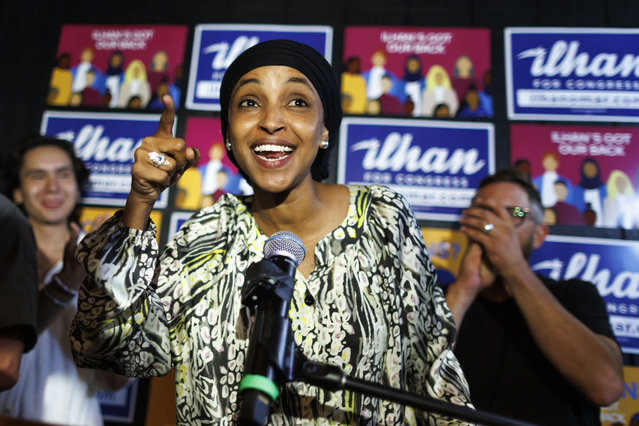 Somali-born American politician, Rep. Ilhan Omar speaks after winning the primary at Nighthawks in Minneapolis, Tuesday, August 13, 2024. (Photo by Kerem Yücel/Minnesota Public Radio via AP Photo)