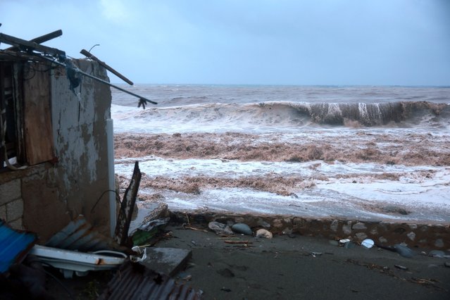 Waves crash ashore as Hurricane Beryl passes through the area on July 03, 2024, in Kingston, Jamaica. Beryl has caused widespread damage in several island nations as it continues to cross the Caribbean.  (Photo by Joe Raedle/Getty Images)