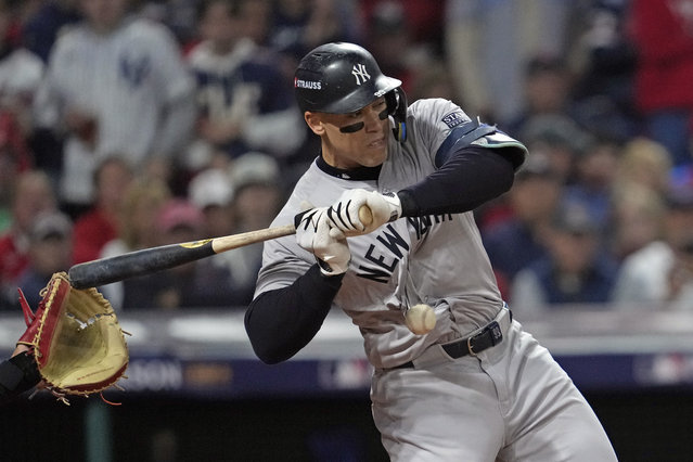 New York Yankees' Aaron Judge is hit by a pitch thrown by Cleveland Guardians starting pitcher Tanner Bibee during the first inning in Game 5 of the baseball AL Championship Series Saturday, October 19, 2024, in Cleveland. (Photo by Godofredo A. Vásquez/AP Photo)