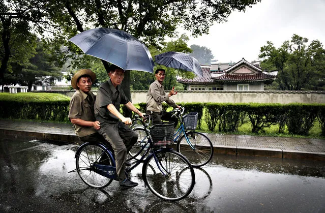 North Korean men cycle in the rain past homes built for farmers at the Mangyongdae Cooperative Farm, Wednesday, July 30, 2014 in Pyongyang, North Korea. As the planting season ends and the rainy season begins, North Koreans are girding for the possibility of floods, which, after weeks of drought, have already caused some damage across wide swaths of the nation. (Photo by Wong Maye-E/AP Photo)