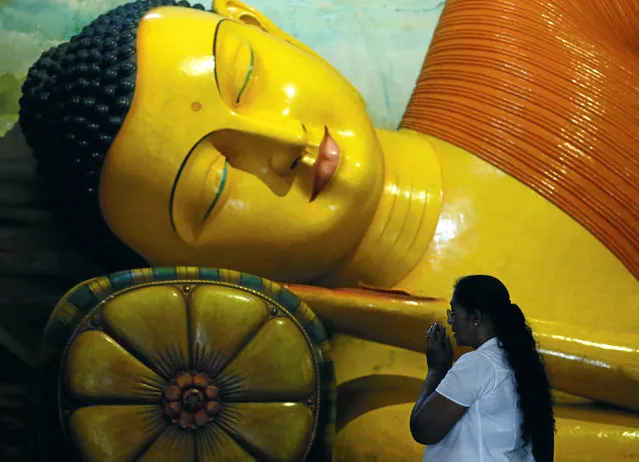 A Buddhist devotee prays in front of a Buddha statue at a temple during poya day in Colombo, Sri Lanka July 19, 2016.The full moon of each month, called Poya Day, is a day of religious observance for the Buddhists and a public holiday in the country. (Photo by Dinuka Liyanawatte/Reuters)