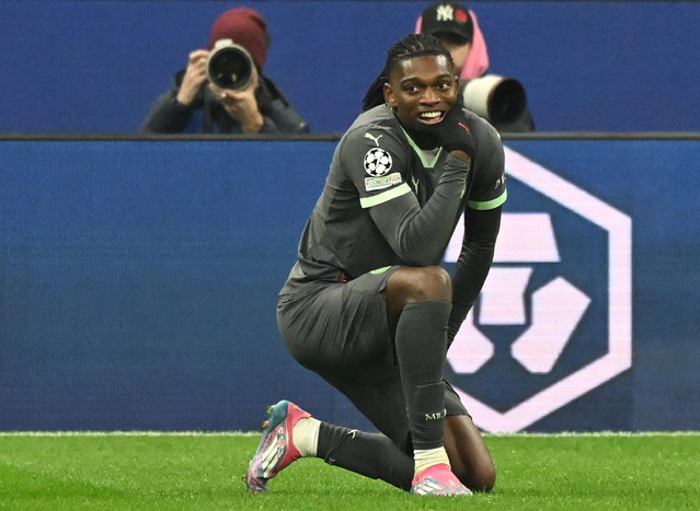 Milan’s Rafael Leao celebrates after scoring the 1-0 opening goal during the UEFA Champions League soccer match between AC Milan and Crvena zvezda in Milan, Italy, 11 December 2024. (Photo by Daniel Dal Zennaro/EPA)