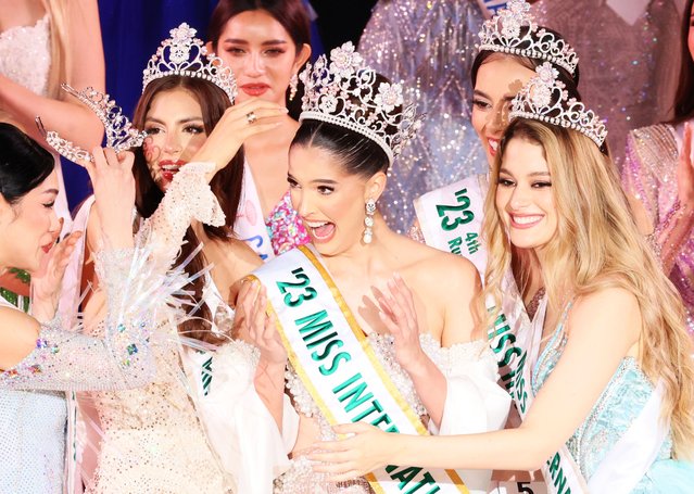 Miss Venezuela Andrea Rubio (C) is celebrated from other contestants as she is crowned to the Miss International 2023 at the 61st Miss International beauty pageant in Tokyo on Thursday, October 26, 2023. Miss Colombia Sofia Osio Luna won the runner-up and Miss Peru Camilia Diaz Daneri finished the 2nd runner-up. (Photo by Yoshio Tsunoda/AFLO/Rex Features/Shutterstock)