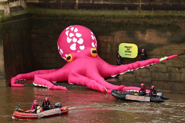 A giant inflatable Octopus is pictured on the bank of the River Thames beneath Britain's Houses of Parliament, during an action called by environmental NGO Greenpeace as part of a campaign to protect the oceans, in central London, on November 1, 2023. (Photo by Henry Nicholls/AFP Photo)