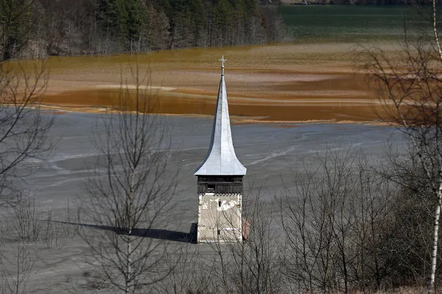 The old church of Geamana village is seen partially submerged by polluted water tainted with cyanide and other chemicals near Rosia Montana, central Romania, March 24, 2014. (Photo by Bogdan Cristel/Reuters)