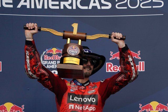 Francesco Bagnaia of Italy, Ducati Lenovo Team celebrates first place in the MotoGP Race of the Motorcycling Grand Prix of the Americas in Austin, Texas, USA, 30 March 2025. (Photo by Dustin Safranek/EPA)
