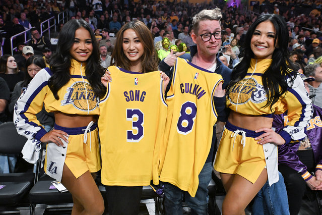 American actors Brenda Song and Macaulay Culkin attend a basketball game between the Los Angeles Lakers and the Minnesota Timberwolves at Crypto.com Arena on April 22, 2025 in Los Angeles, California. (Photo by Allen Berezovsky/Getty Images)