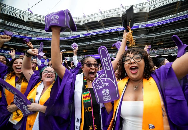 Students celebrate as they attend the New York University (NYU) graduation ceremony at Yankee Stadium in the Bronx borough of New York City, U.S., May 15, 2025. (Photo by Eduardo Munoz/Reuters)