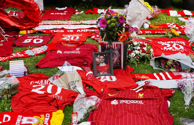 Tributes at Anfield Stadium, in Liverpool, England, Friday, July 4, 2025, in memory of Diogo Jota who has died at the age of 28. (Photo by Peter Byrne/PA via AP Photo)