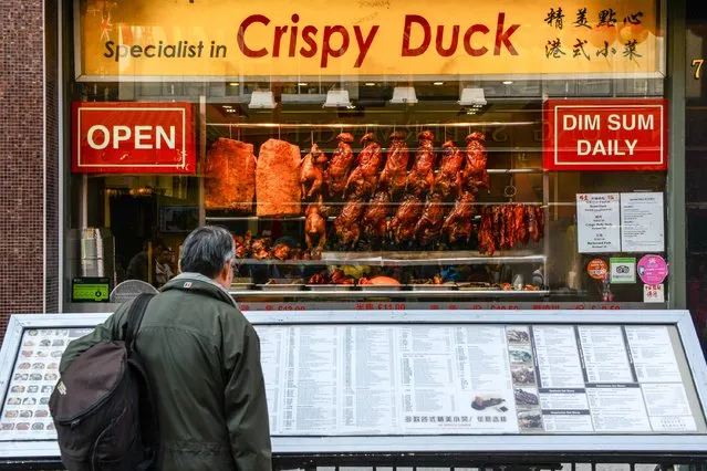 A man looks at a menu for a restaurant serving duck for lunch in Chinatown on October 20, 2015 in London, England. (Photo by Chris Ratcliffe/Getty Images)