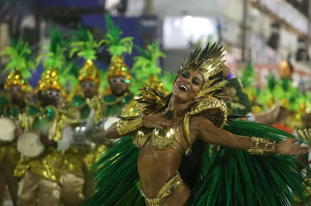 Drum queen Juliana Paes from Grande Rio samba school performs during the first night of the Carnival parade at the Sambadrome in Rio de Janeiro, Brazil on February 12, 2018. (Photo by Pilar Olivares/Reuters)