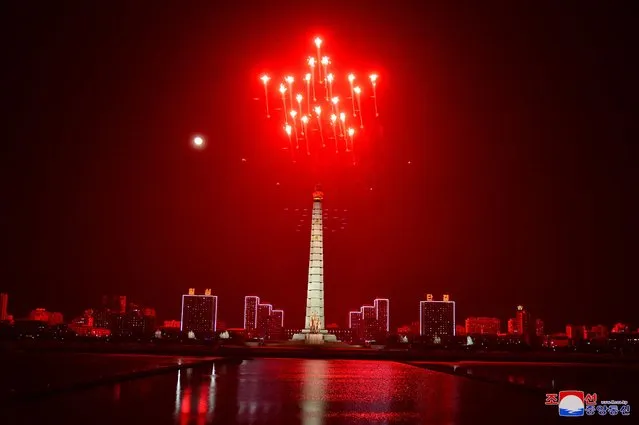 Fireworks illuminate the sky during a military parade to mark the 75th founding anniversary of North Korea's army, in Pyongyang, North Korea on February 8, 2023. (Photo by KCNA via Reuters)