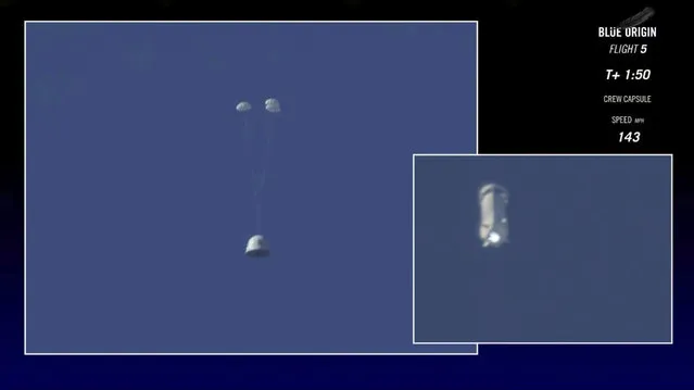 In this image made from video provided by Blue Origin, the New Shepard capsule, left, prepares to return to the ground as its booster rocket continues upwards during a test of the escape system in west Texas on Wednesday, October 5, 2016. The escape system is designed to save lives if something goes wrong with the rocket during liftoff. The New Shepard reusable launch system is a vertical-takeoff, vertical-landing (VTVL), suborbital manned rocket that is being developed by Blue Origin as a commercial system for suborbital space tourism. Blue Origin is owned by Amazon.com founder and businessman Jeff Bezos. (Photo by Blue Origin via AP Photo)