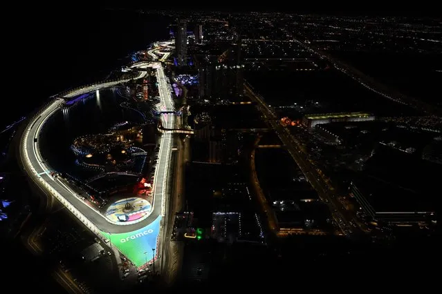 This picture taken on March 17, 2023 taken from the Shangri-La Jeddah hotel in Jeddah shows a general view of the Jeddah Corniche Circuit during the second practice session ahead of the 2023 Saudi Arabia Formula One Grand Prix.  (Photo by Ben Stansall/AFP Photo)
