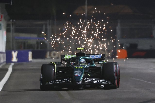 Aston Martin driver Fernando Alonso of Spain drives during a free practice session for the Formula One Singapore Grand Prix in Singapore, 03 October 2025. The 2025 Formula 1 Singapore Grand Prix is held at the Marina Bay Street Circuit on 05 October. (Photo by Fazry Ismail/EPA)