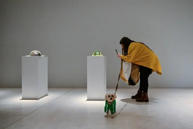 A woman takes a photo as she holds the leash of her dog during a visit to the The National Museum of Contemporary Arts in Athens with their dogs on April 2, 2023 during an event encouraging visitors and their dogs to vist the current exhibition “Modern love” ahead of the World Stray Animals Day. The NMCA is the only museum pet friendly museum in Athens. (Photo by Louisa Gouliamaki/AFP Photo)