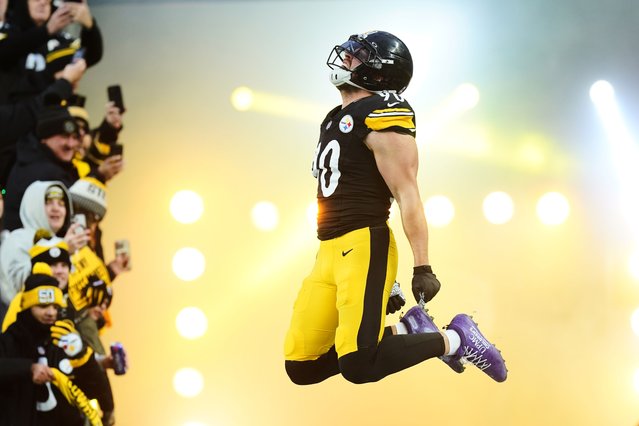 Pittsburgh Steelers linebacker T.J. Watt enters the field before an NFL football game against the Buffalo Bills Sunday, November 30, 2025, in Pittsburgh. (Photo by Matt Freed/AP Photo)