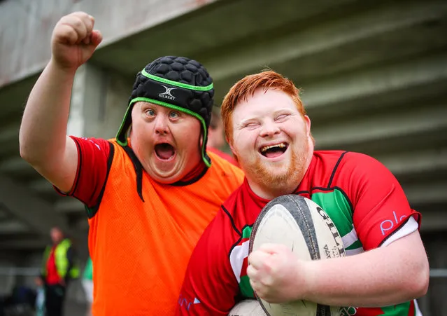 Sunday Well Rebels’ Ross Twomey and Dylan Kennedy celebrate after winning their game against Malone Tornadoes in the IRFU Mixed Ability Rugby Tournament, Buccaneers RFC, Co. Westmeath, Ireland on Saturday, June 10, 2023. (Photo by Tom Maher/Inpho)