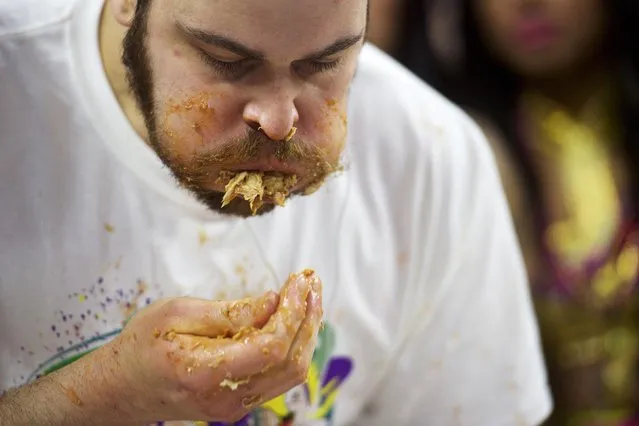 Patrick “Deep Dish” Bertoletti competes in the 23rd annual Wing Bowl at the Wells Fargo Center in Philadelphia, Pennsylvania January 30, 2015. (Photo by Mark Makela/Reuters)