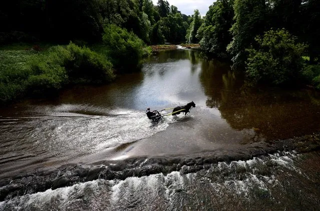 A member of the traveller community drives his horse drawn buggy in the river Eden during the annual horse fair in Appleby-in-Westmorland, Britain on June 8, 2023. (Photo by Phil Noble/Reuters)