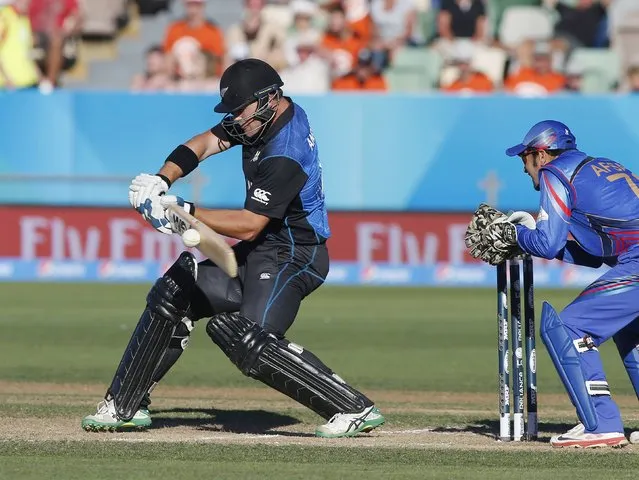 New Zealand's Cory Anderson plays a shot watched by Afghanistan's Afsar Zaza (R) during their Cricket World Cup match in Napier, March 8, 2015. REUTERS/Nigel Marple (NEW ZEALAND - Tags: SPORT CRICKET)