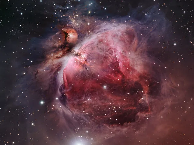 M42 is an emission and reflection nebula in the constellation Orion it is approxmiatly 1350 lights years from Earth. It is about 25light years accross. The Orion Nebula is an example of a stellar nursery where new stars are being born. The Nebula is part of a much larger nebula that is known as the Orion Molecular Cloud Complex. The nebula is visible with the naked eye, even from areas affected by some ligh pollution. It is seen as the middle “star” in the sword of Orion, which are the three stars located south of Orion’s Belt. (Bill Snyder)