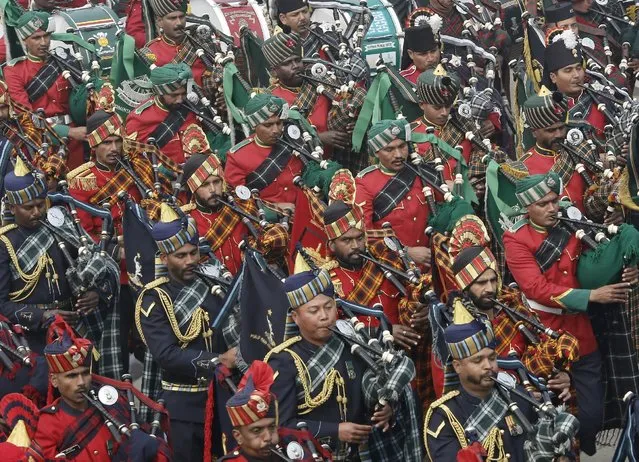 Members of Indian military band take part in the Republic Day parade in New Delhi, India, January 26, 2016. (Photo by Altaf Hussain/Reuters)