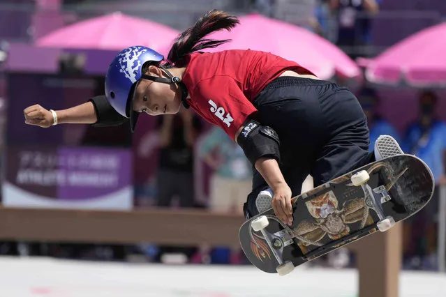 Sakura Yosozumi of Japan competes in the women's park skateboarding finals at the 2020 Summer Olympics, Wednesday, August 4, 2021, in Tokyo, Japan. (Photo by Ben Curtis/AP Photo)