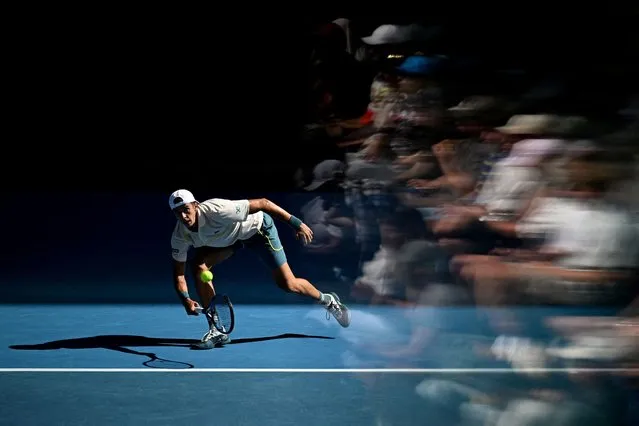 France's Arthur Cazaux in action during his fourth round match against Poland's Hubert Hurkacz at the Australian Open in Melbourne on January 22, 2024. (Photo by Tracey Nearmy/Reuters)