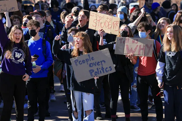 Students at Highlands Ranch High School walk out in protest of a conservative majority school board in Douglas County which voted to fire the district's superintendent without cause, in Highlands Ranch, Colorado, U.S. February 7, 2022. (Photo by Kevin Mohatt/Reuters)