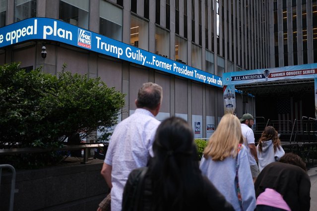 A news board displaying the conviction of former US President Donald Trump is seen at Fox News in New York on Thursday, May 30, 2024. (Photo by Julian Rigg/CNN)