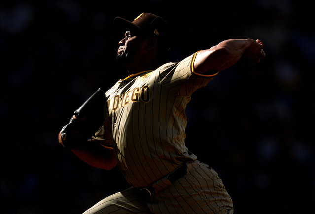 The San Diego Padres pitcher Wandy Peralta pitches during the ninth inning against the Kansas City Royals, at Kauffman Stadium, in Kansas City, Missouri, on June 1, 2024. (Photo by Jay Biggerstaff/USA TODAY Sports)