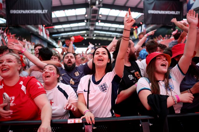 England fans celebrating England's penalty win against Switzerland at BOXPARK Wembley in London, Britain on July 6, 2024. (Photo by David Klein/Reuters)