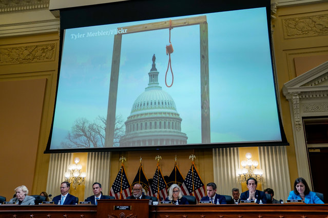 A photo of a gallows and noose is displayed on the screen, as the House Jan. 6 select committee holds its third public hearing on Capitol Hill on Thursday, June 16, 2022. (Photo by Jabin Botsford/The Washington Post)