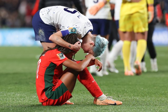 United States' Megan Rapinoe consoles Portugal's Jessica Silva following the Women's World Cup Group E soccer match between the United States and Portugal in Auckland, New Zealand, Tuesday, August 1, 2023. (Photo by Rafaela Pontes/AP Photo)