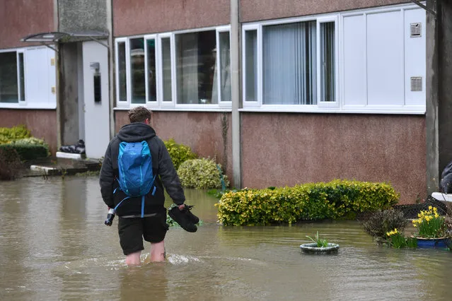 A man surveys the flooding in Berwick Road, Shrewsbury, near the River Severn on February 24, 2020, as warnings of further flooding are issued across the UK. (Photo by Jacob King/PA Images via Getty Images)