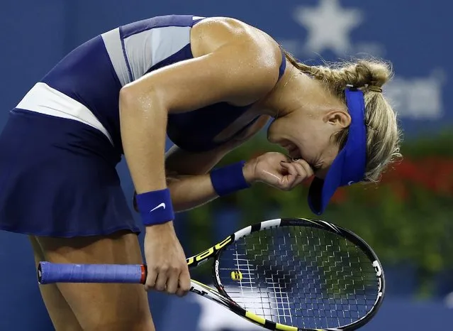 Eugenie Bouchard, of Canada, reacts after losing a point against Barbora Zahlavova Strycova, of the Czech Republic, during the third round of the U.S. Open tennis tournament Saturday, August 30, 2014, in New York. (Photo by Elise Amendola/AP Photo)