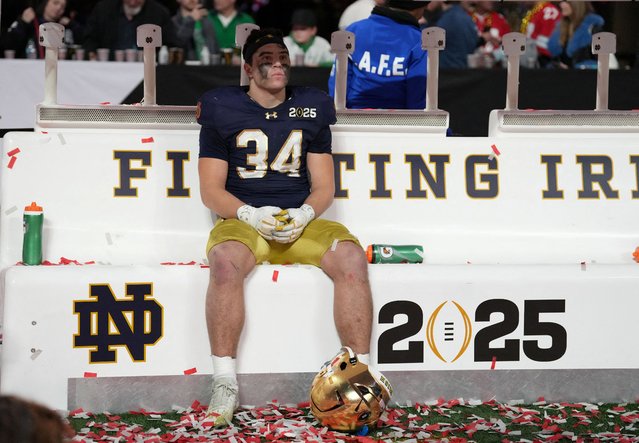 Notre Dame Fighting Irish linebacker Drayk Bowen (34) reacts on the sideline after losing to the Ohio State Buckeyes in their CFP playoff game in Atlanta on January 21, 2025. (Photo by Kirby Lee/Reuters)