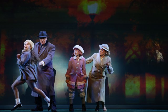Amanda Lea LaVergne plays the role of Grace Farrell, Stephanie McNamara plays Annie and Anthony Warlow plays Oliver Warbucks during the “Annie” Sydney Production First Look at Capitol Theatre on March 27, 2025 in Sydney, Australia. (Photo by Don Arnold/WireImage)
