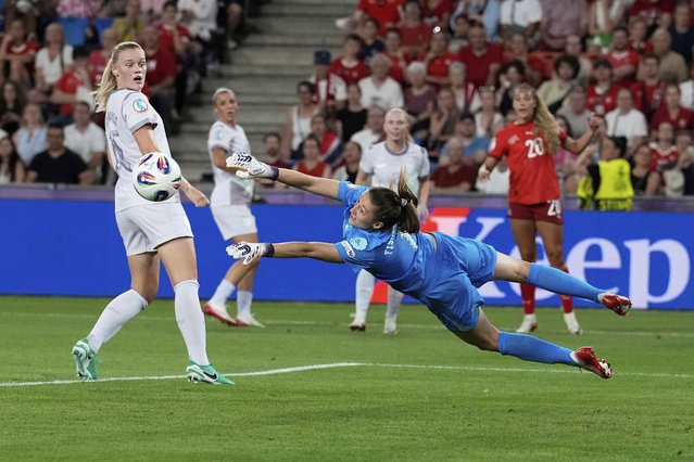 Norway goalkeeper Cecilie Fiskerstrand dives for a save during the Euro 2025, group A, soccer match between Switzerland and Norway at St. Jakob-Park in Basel, Switzerland, Wednesday, July 2, 2025. (Photo by Martin Meissner/AP Photo)