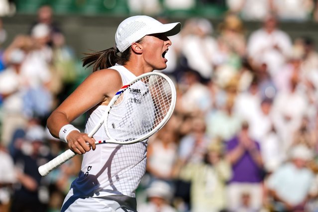 Iga Swiatek of Poland celebrates the victory in the Ladies' Singles Semi Finals match against Belinda Bencic of Switzerland on day eleven of The Championships Wimbledon 2025 at All England Lawn Tennis and Croquet Club on July 10, 2025 in London, England. (Photo by Shi Tang/Getty Images)