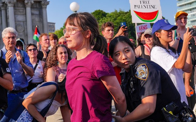 New York police arrested more than a dozen people, including New York State Assembly Member Marcela Mitaynes as demonstrators hold rally for Gaza at Grand Army Plaza in Brooklyn, New York City, United States on Sunday, August 3, 2025. (Photo by Selcuk Acar/Anadolu via Getty Images)