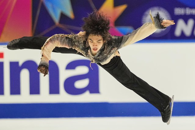 Cha Jun-hwan, of South Korea, performs during the men' free skating program in the ISU Grand Prix of Figure Skating - NHK Trophy in Kadoma, east of Osaka, western Japan, Saturday, November 8, 2025. (Photo by Hiro Komae/AP Photo)